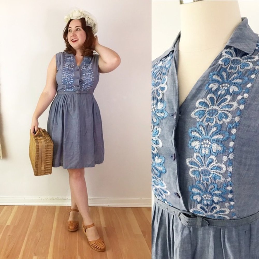 Vintage 1950s Embroidered Shirt Dress Chambray L